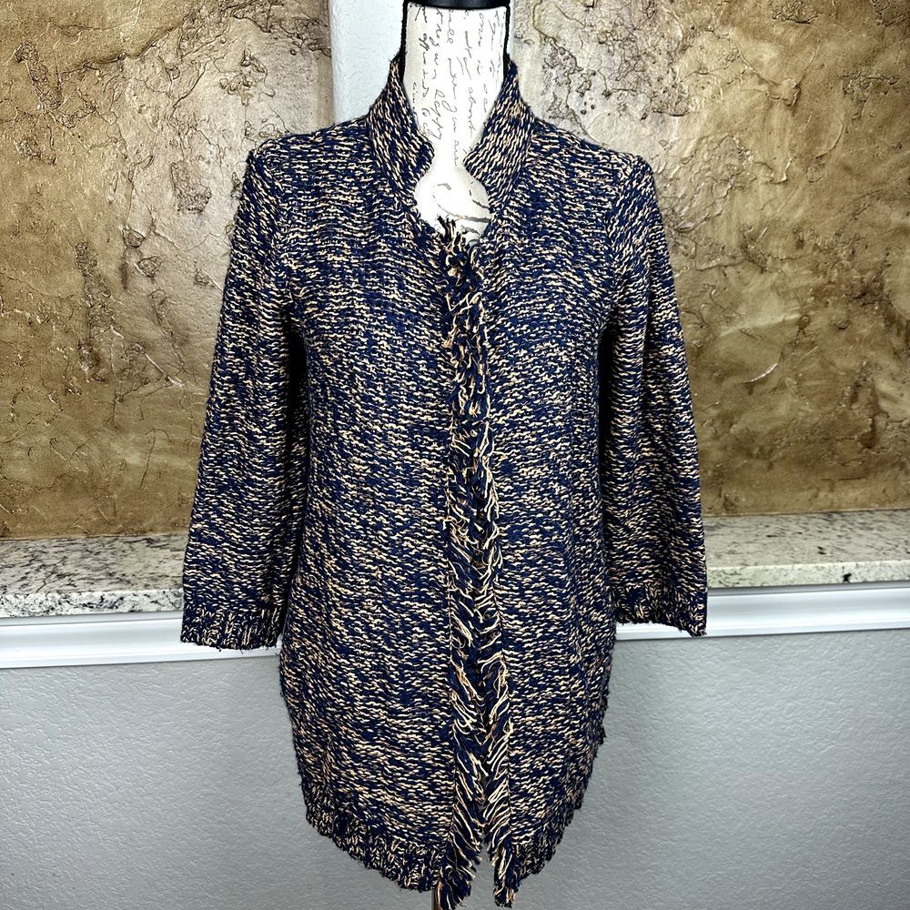 Sparrow Knit Cardigan Women's Medium Blue Fringe Trim‎ Linen Blend Open Front